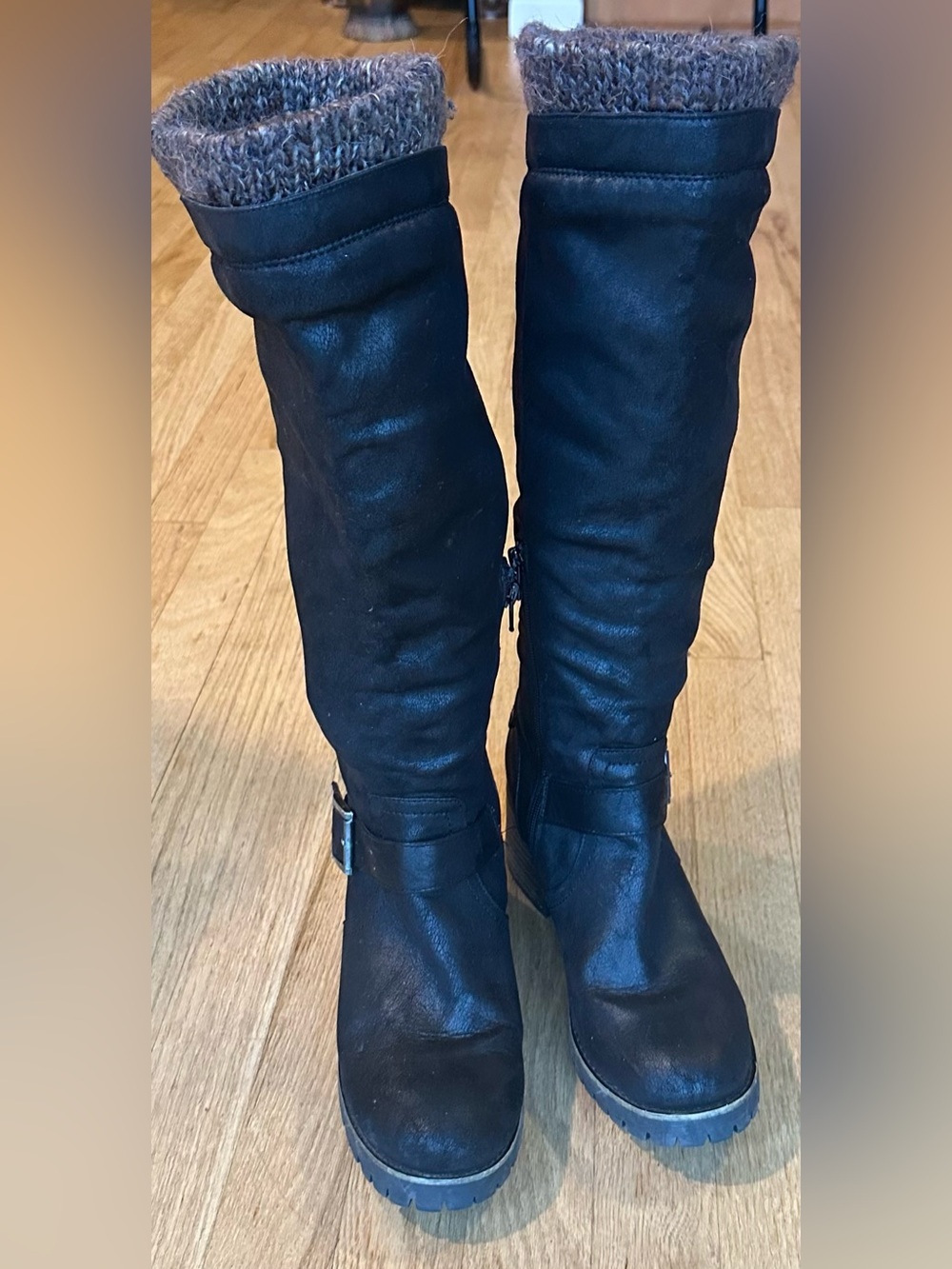 Crown Vintage CHELIE Black Vegan Block Heel Knee-High Boots w/Brown Knit Cuff(9)